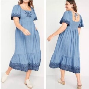 Blue Embroidered Midi Dress